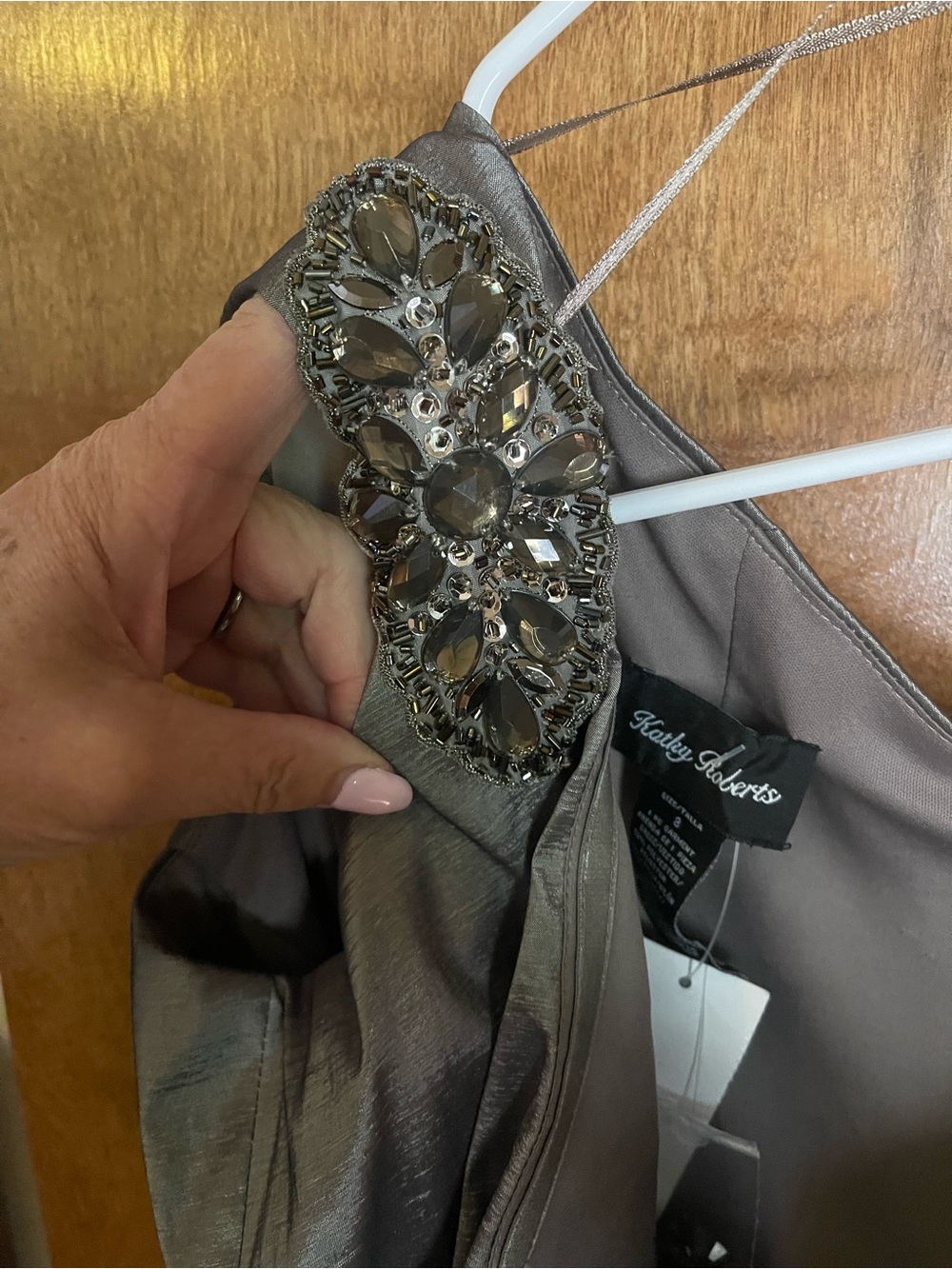 Sears One-Shoulder Metallic Taupe Sheath Dress - Picture 7 of 14